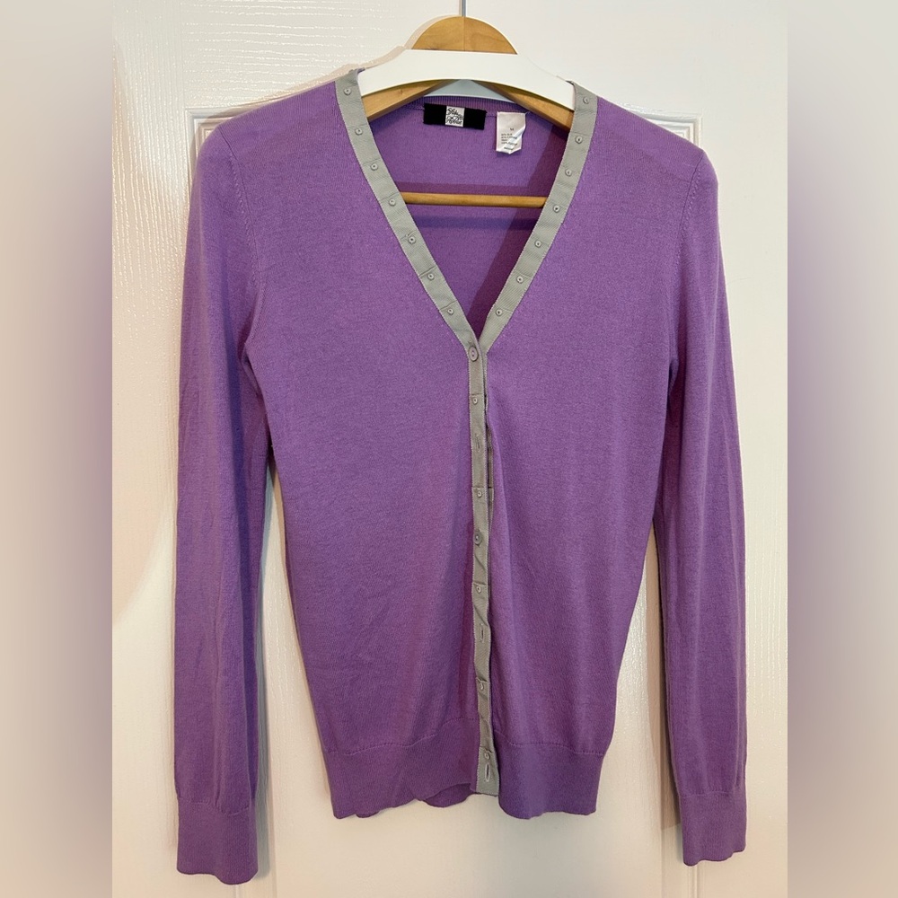 Saks Fifth Avenue lavender Cardigan with Gray Accents/ buttons. Size M